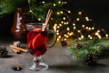 Mulled wine. Traditional christmas, new year and winter drink with red wine, citrus and spices.
