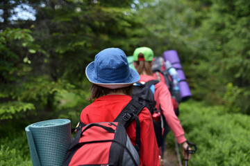 schoolgirls hikers with backpacks is walking by trail forest