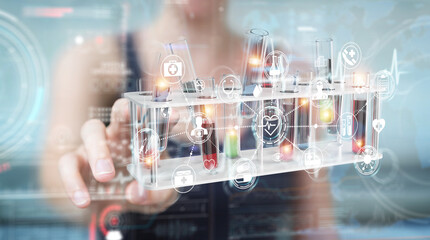 Woman holding and touching medical analysis in tubes samples 3D rendering