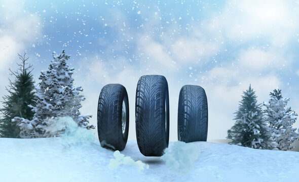 Winter wheel tires in the snow as a car safety concept panorama, 3d render 