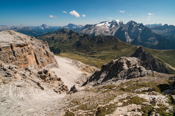 Beautiful stunning views of the Alps seen from Passo Pordoi andto Piz Boe hike in Dolomites, Italy
