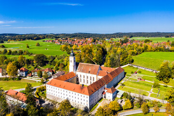 Aerial view of Dietramszell Monastery, Dietramszell, Tölzer Land, Upper Bavaria, Bavaria, Germany