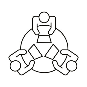 three workers in round table coworking line style icon