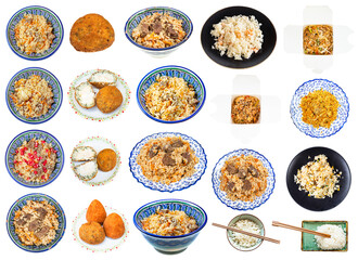 set of various dishes from rice isolated on white background