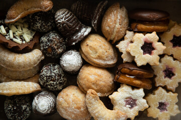 Traditional different homemade christmas cookies from the czech republic, food background
