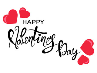 black happy valentines day lettering with red hearts isolated on white, vector illustration