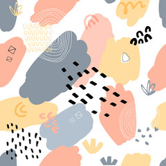 Fototapeta premium Abstract seamless pattern in trendy style with botanical and geometric elements, textures. Trendy pastel colors. 