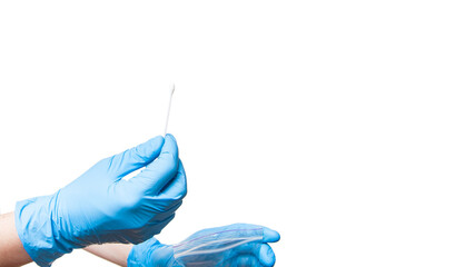 doctor hand in blue sterile glove holds sealed bag and give cotton swab for sampling smear analysis from oral cavity for virus PCR test, medical theme isolated on white background with copy space.