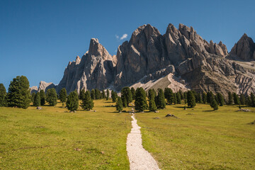 Beautiful view of the Puez-Odle Nature Park, a stunning mountain landscape in the Dolomites, Italy
