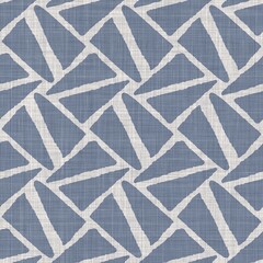 Seamless french farmhouse linen geometric block print background. Provence blue gray rustic pattern texture. Shabby chic style old woven blur textile all over print.