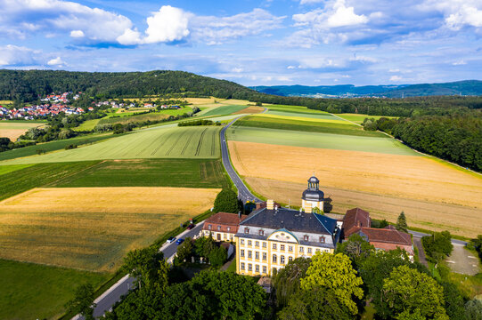 Aerial view, J&auml;gersburg Castle, Eggolsheim municipality, Franconia, Bavaria, Germany,