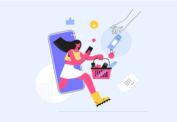 illustration of a girl shop online using smartphone. E-commerce and online shopping. Using mobile smartphone for online shopping and payment.