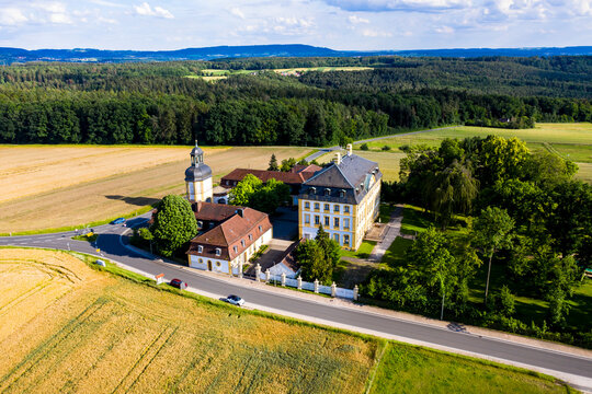 Aerial view, J&auml;gersburg Castle, Eggolsheim municipality, Franconia, Bavaria, Germany,