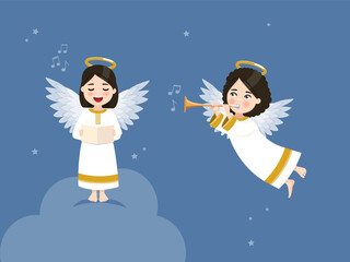 Two angels singing and playing the trumpet in the blue sky with stars. Vector illustration