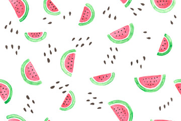 Watercolor watermelon slices and seeds seamless pattern