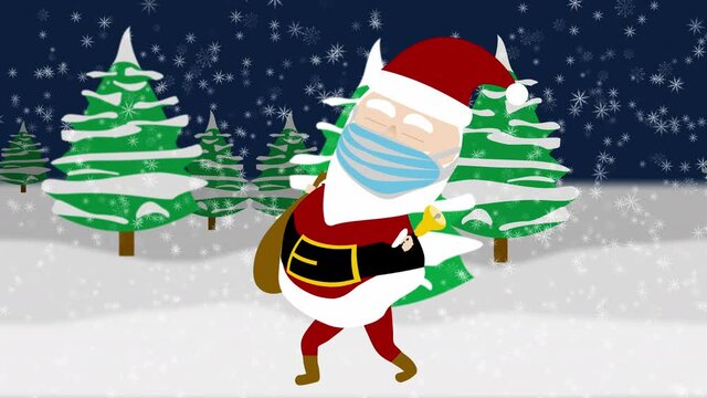 Seamless looping walking masked cartoon Santa with bell and bag in snowy forest