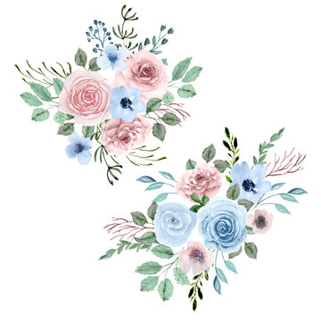 watercolor set of bouquets. Dusty pink, dusty blue pastel floral arrangements. Botanical hand painted compositions. Blue and pink flowers. For fabric, decoration, wedding design
