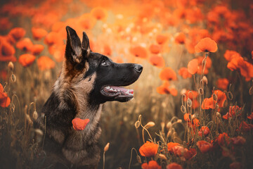 Portrait of a young german shepherd dog in a poppy field, summertime, dog in nature, sunset, happy mood - obrazy, fototapety, plakaty