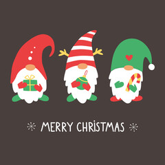 Greeting card with Christmas gnomes. Merry Christmas handwritten lettering, Vector xmas illustration. Design for greeting cards and poster.