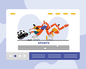 male athletes practicing soccer and running sports characters