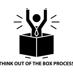 think out of the box process icon, black vector sign with editable strokes, concept illustration