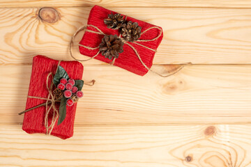 Top view christmas gift boxes on wooden table