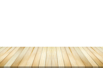 Empty bamboo wood table top isolated on white background for product display montage