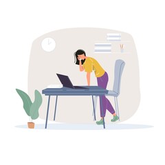 Cartoon flat character at work doing some business - self-employed or office worker, web online, site design concept