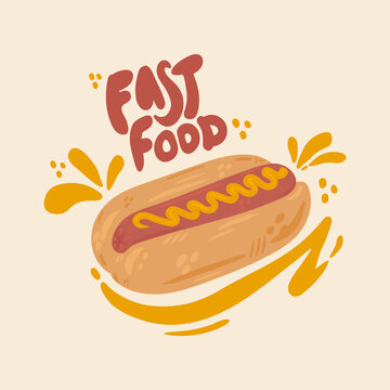 Hot Dog hand-drawn vector with an inscription. Cartoon fast food style for your kitchen. Isolated picture of food on the run. American food illustration for poster, postcard, restaurant menu. Vector