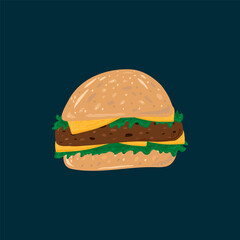 Picture Of a hamburger with meat. American food on the run hand-drawn. Vector Hamburger bun with cutlet sauce, sausage, ketchup, cheese, herbs and mustard drawn by hand. For the kitchen poster