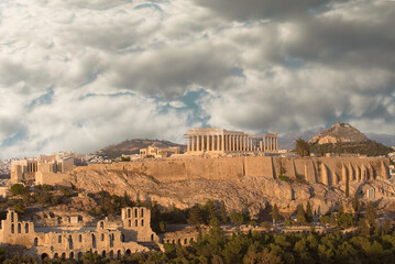 Fototapeta premium Acropolis, with Parthenon Temple and Odeon of Herodes Atticus. View from Filopappou hill.