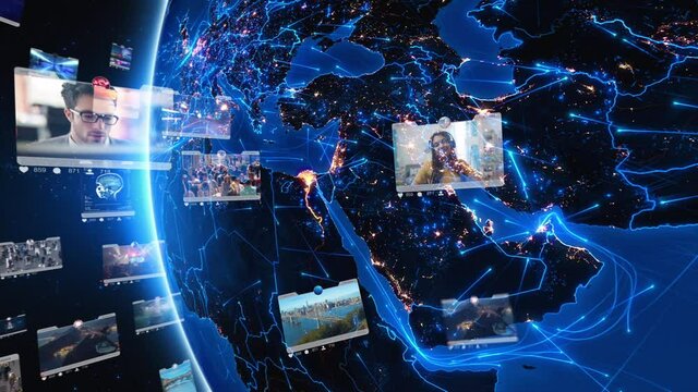 Blue rotating Earth with bright connections and social media interfaces. Futuristic and connected world with augmented reality elements. Middle East map with city lights.