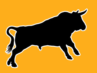 black silhouette of a running bull on an orange background for stickers and decoration	
