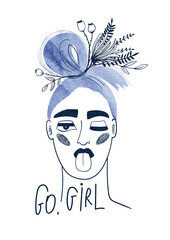 Woman with watercolor blue hair and wildflowers.