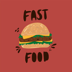 Vector image of a Hamburger. Cartoon American food on the run. Vector Hamburger bun with cutlet sauce, sausage, ketchup, cheese, herbs and mustard drawn by hand. With the label Fast food. For the