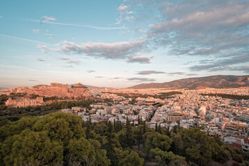 Acropolis, with Parthenon Temple and Odeon of Herodes Atticus. View from Filopappou hill.