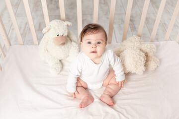 baby six months sitting in a crib in a white bodysuit with toys Teddy bears