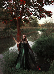 Fototapeta premium Female elf in green dress near river