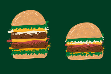 Fast food Burger set. Cute collection of American food on the run. Vector Hamburger bun with cutlet sauce, sausage, ketchup, cheese, herbs and mustard drawn by hand. For a Poster in a restaurant or