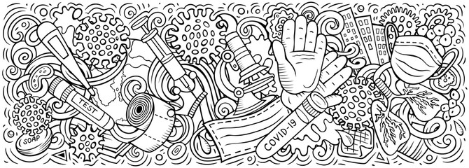 Coronavirus hand drawn cartoon doodles illustration. Colorful raster banner