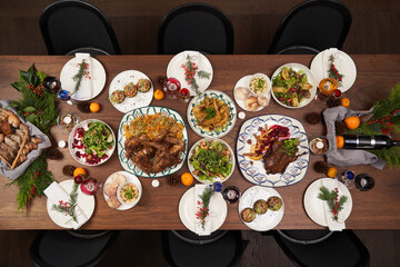 Christmas table setting. Xmas and New Year dinner table