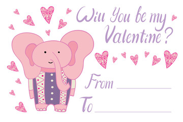 Isolated colorful illustration of pink elephant will you be my Valentine card with hearts