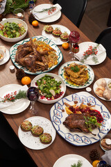 Christmas table setting. Xmas and New Year dinner table