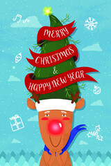 Character of red nosed Reindeer wearing Christmas tree hat and scarf. Merry Christmas and Happy New Year template. Vector Illustration