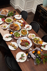 Christmas table setting. Xmas and New Year dinner table