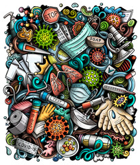 Coronavirus hand drawn raster doodles illustration. Toned funny picture