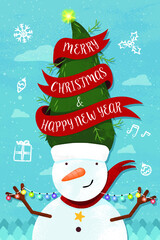 Character of Snowman wearing Christmas tree hat and scarf. Merry Christmas and Happy New Year template. Vector Illustration