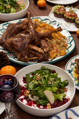 Christmas food table setting. Xmas and New Year dinner table