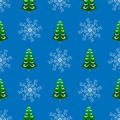 Snowflake and green tree color seamless pattern