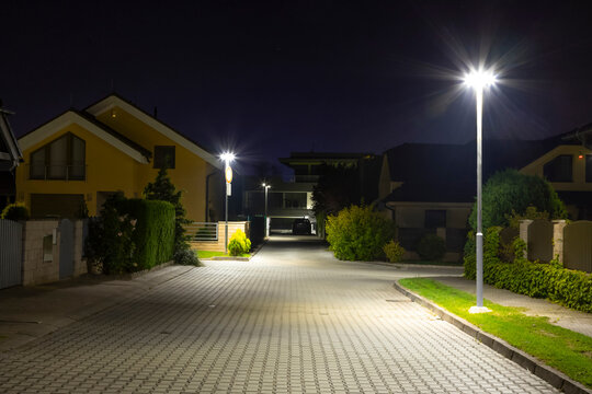 Modern Led Illumination On Quiet Street At Night